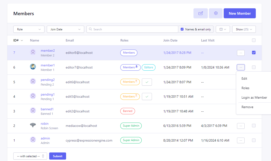 Member Manager Control Panel Page
